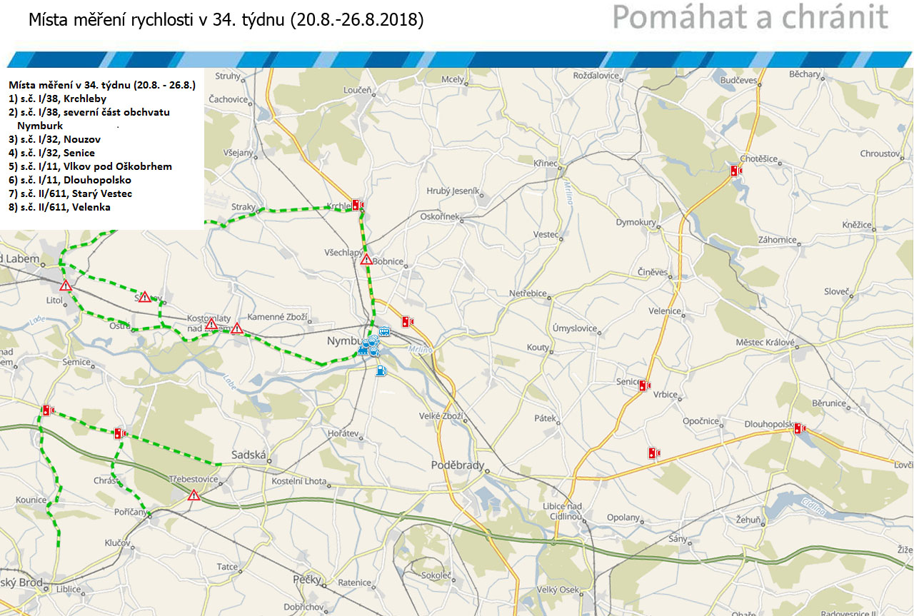 Mapa míst měření rychlosti na 34. týden 2018